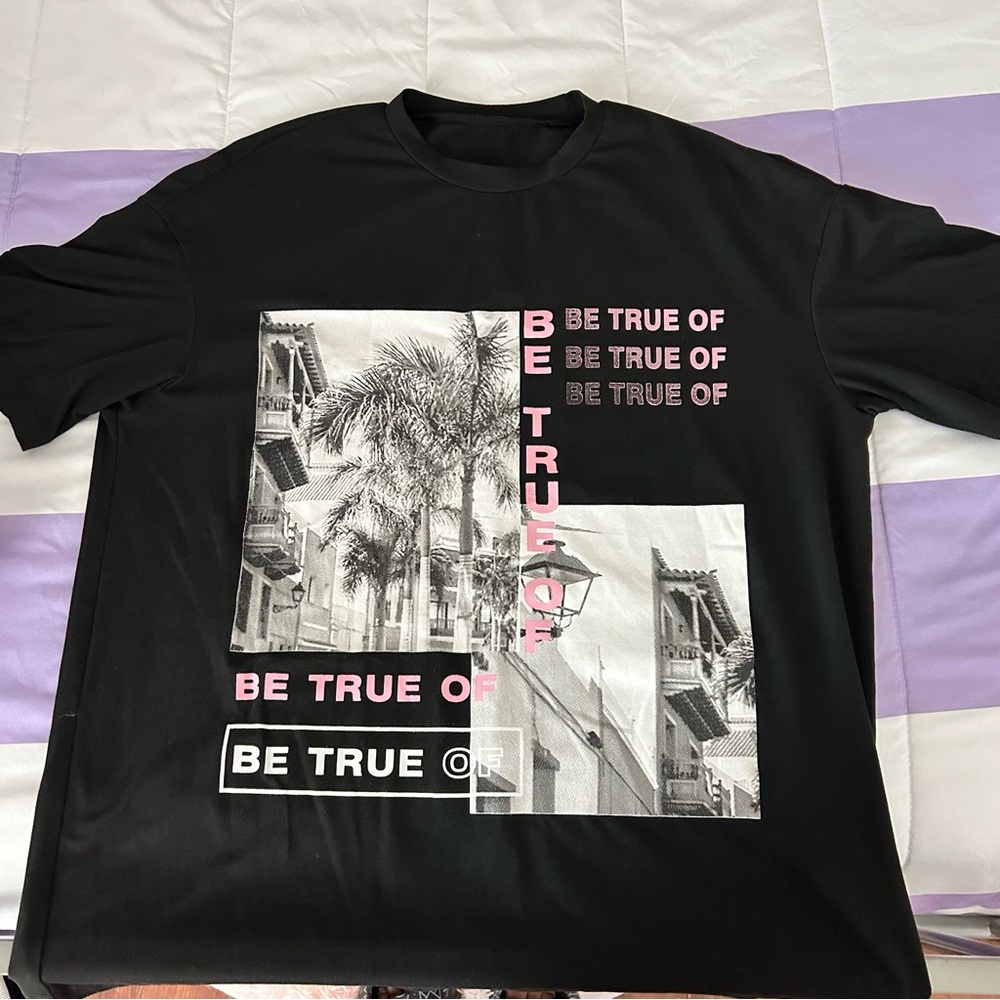 SHEIN Black Graphic Tee with Pink Text